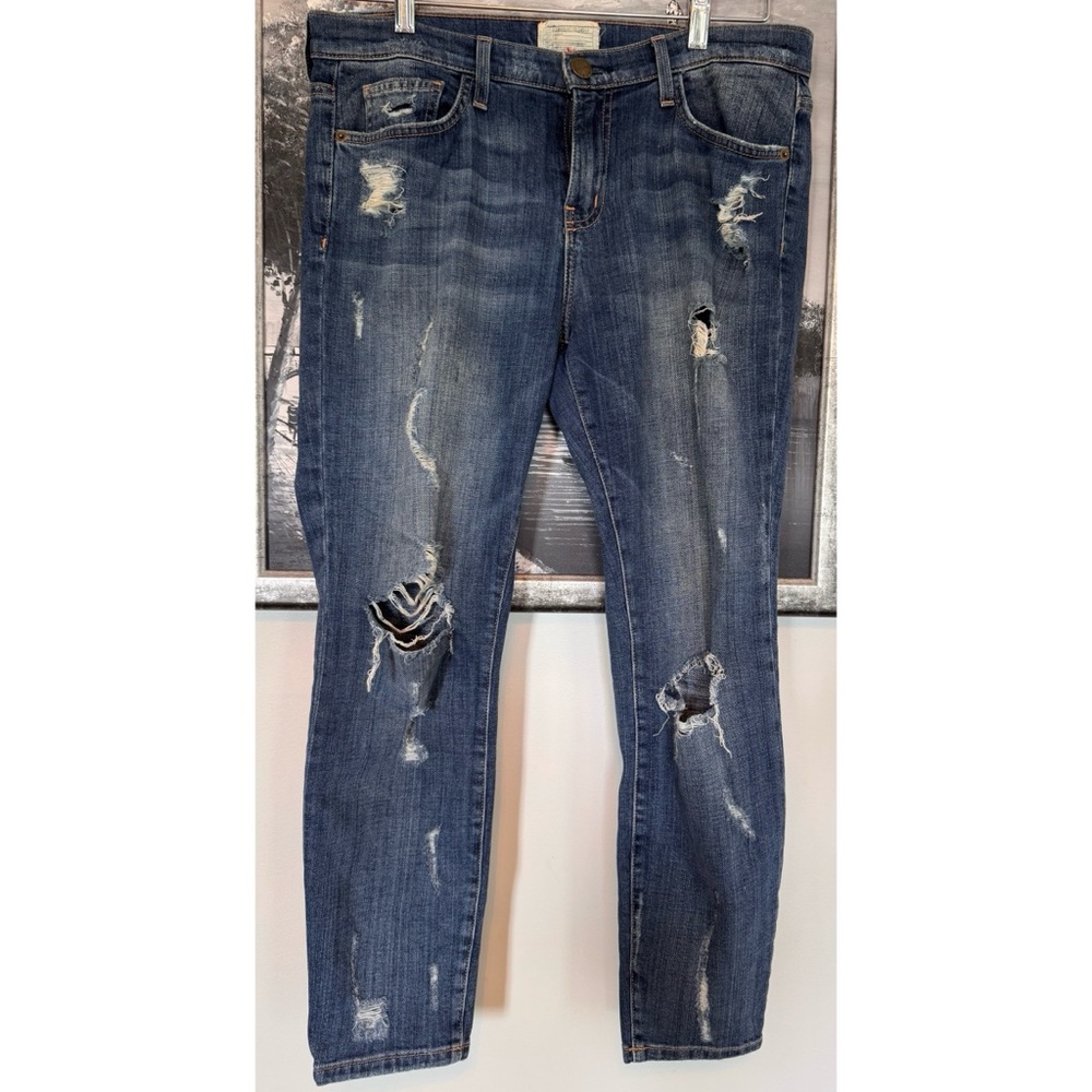 Current/Elliott Blue Straight Leg Jeans with Distressed Finish